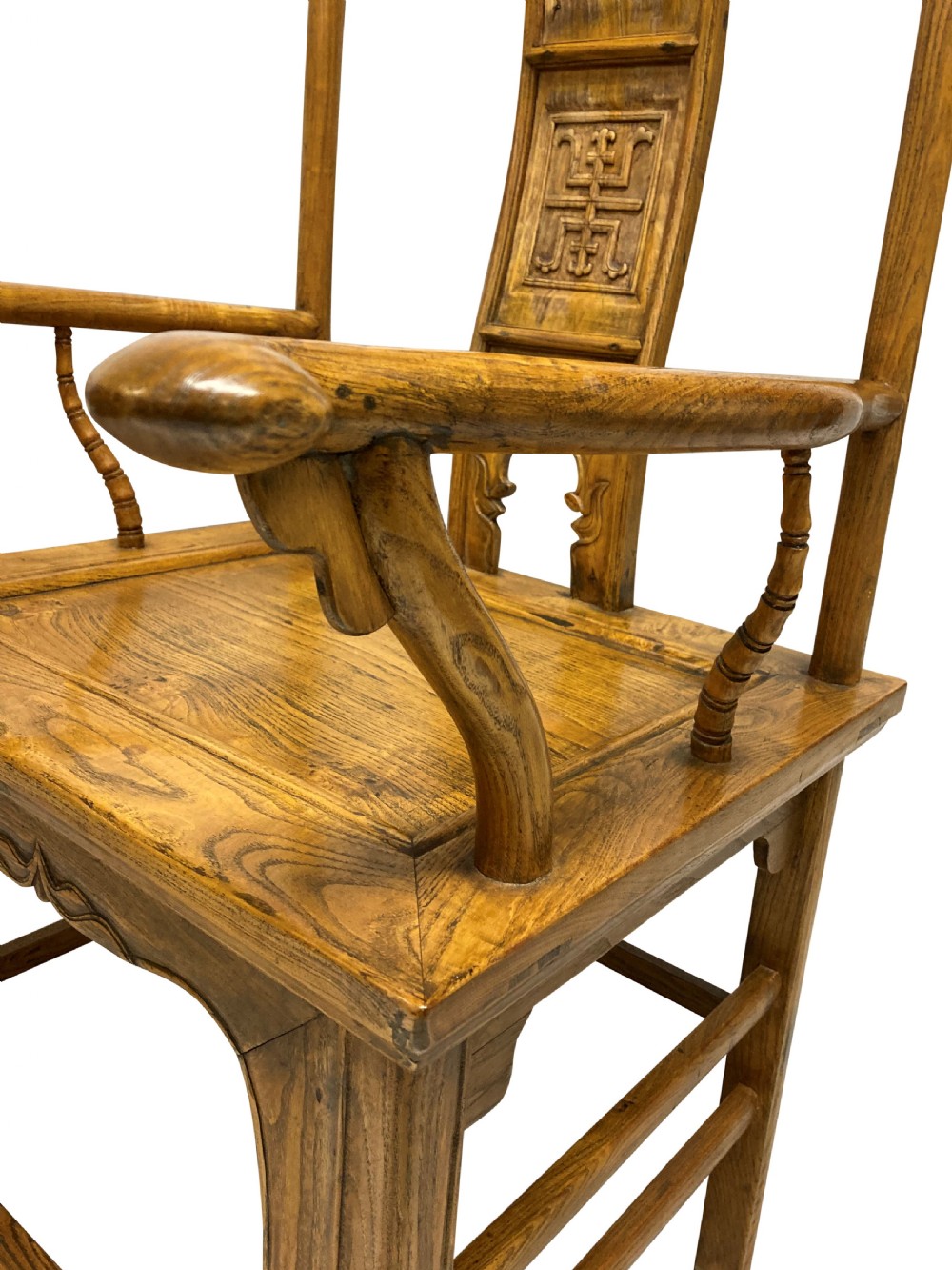 A pair of nineteenth-century Chinese elm yoke-back armchairs featuring carved central back splats and curved armrests. View VI