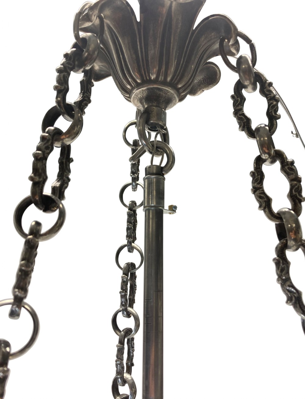 A nineteenth-century cut glass dish light featuring a diamond-patterned crystal bowl suspended by three silver-plated chains from a central rod. View VI