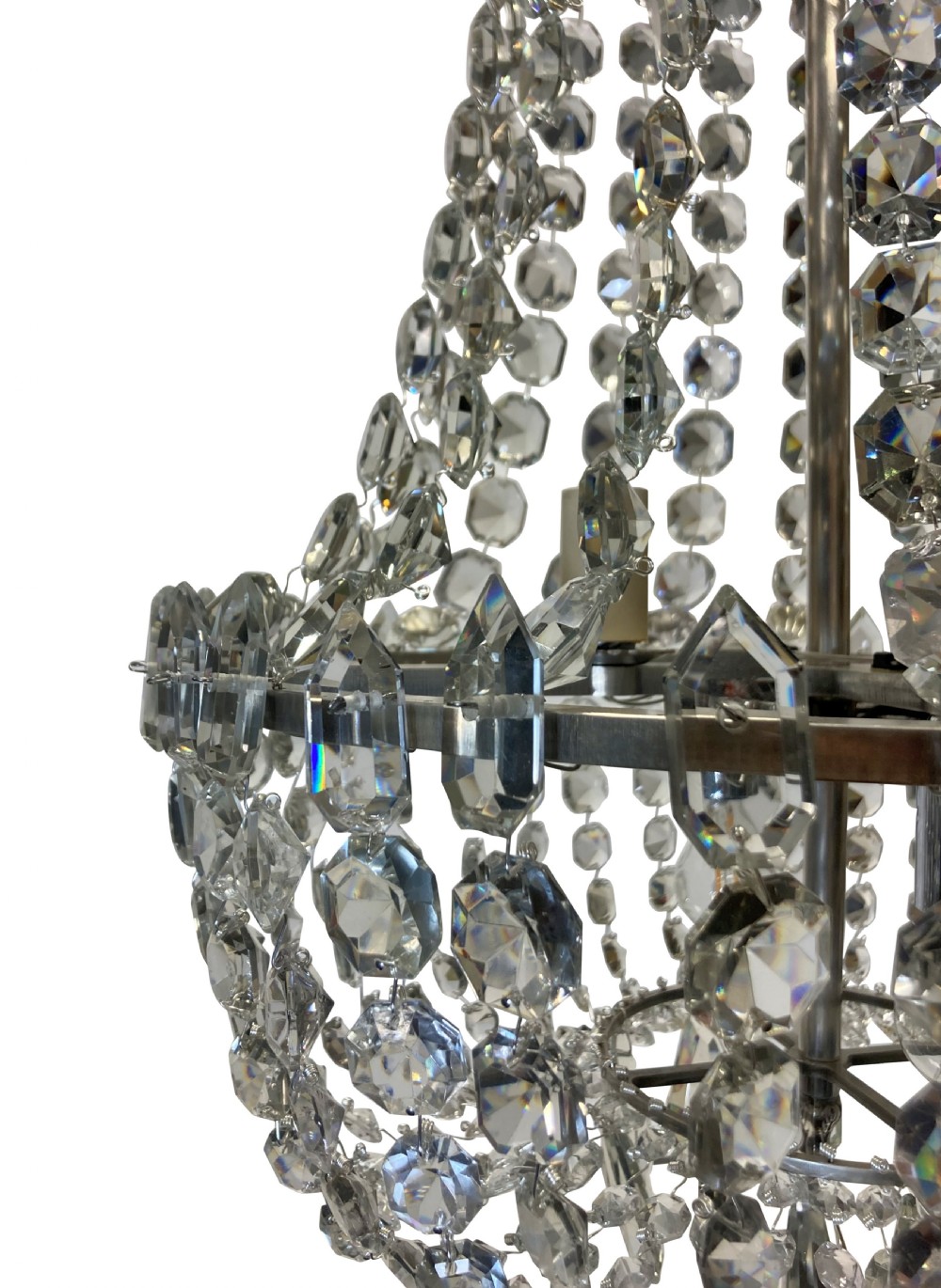 A classic tent and bag chandelier crafted from strung cut glass beads and faceted drops on a metal frame. View V