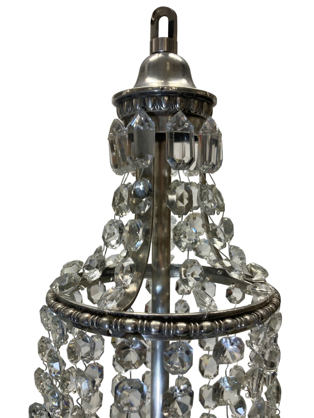 A classic tent and bag chandelier crafted from strung cut glass beads and faceted drops on a metal frame. View VI