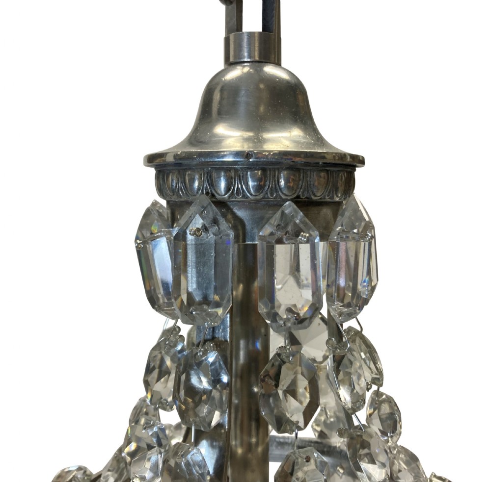 A classic tent and bag chandelier crafted from strung cut glass beads and faceted drops on a metal frame. View VII