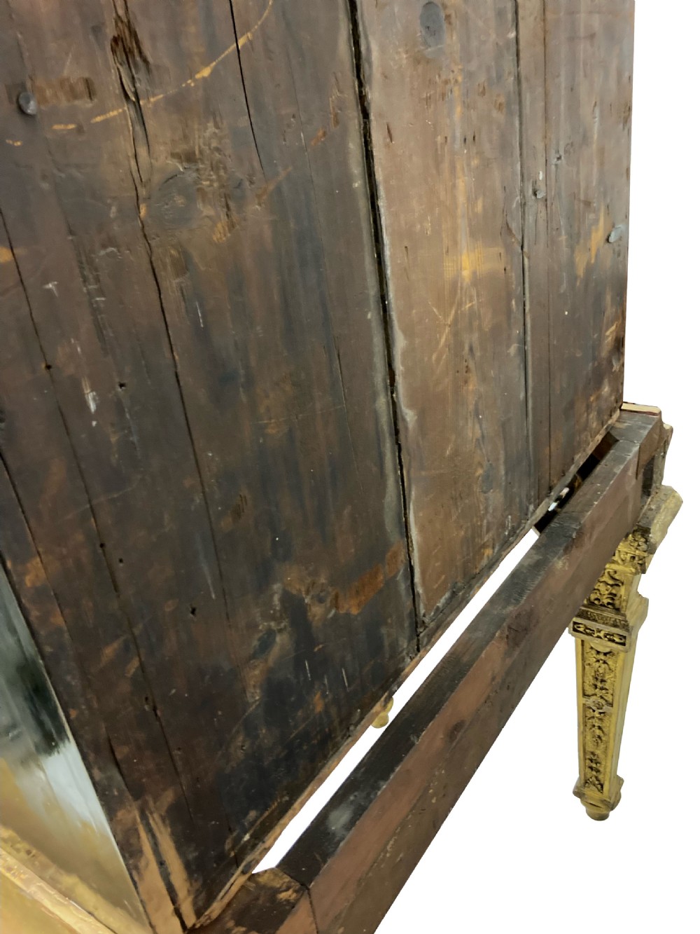 A two-door black japanned cabinet decorated with gold Chinoiserie scenes resting on a carved gilded wooden stand. View XV