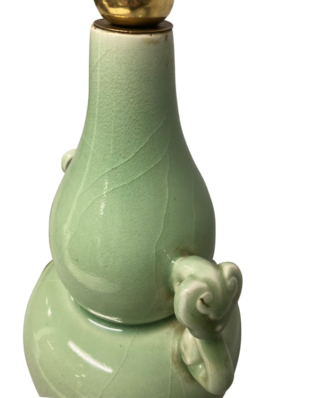 A Chinese pale green celadon ceramic double gourd vase lamp featuring twin scroll handles mounted on a dark wooden base with a brass light fitting. View III