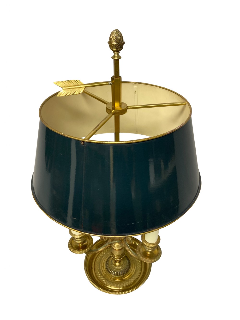 A French gilt brass bouillotte lamp with three candle-style light sockets and a dark green painted metal shade mounted on a central stem with an arrow key motif. View II