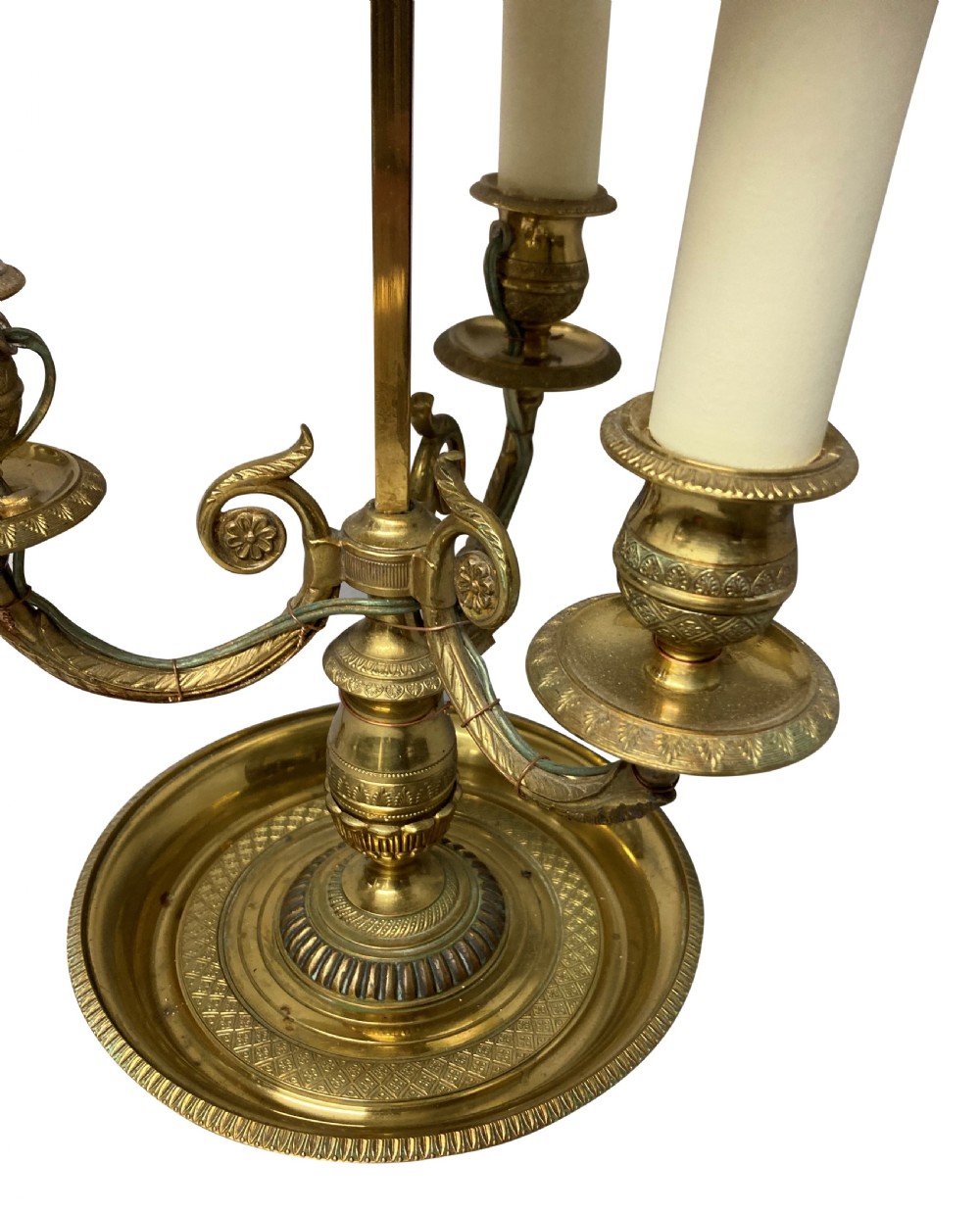 A French gilt brass bouillotte lamp with three candle-style light sockets and a dark green painted metal shade mounted on a central stem with an arrow key motif. View IV