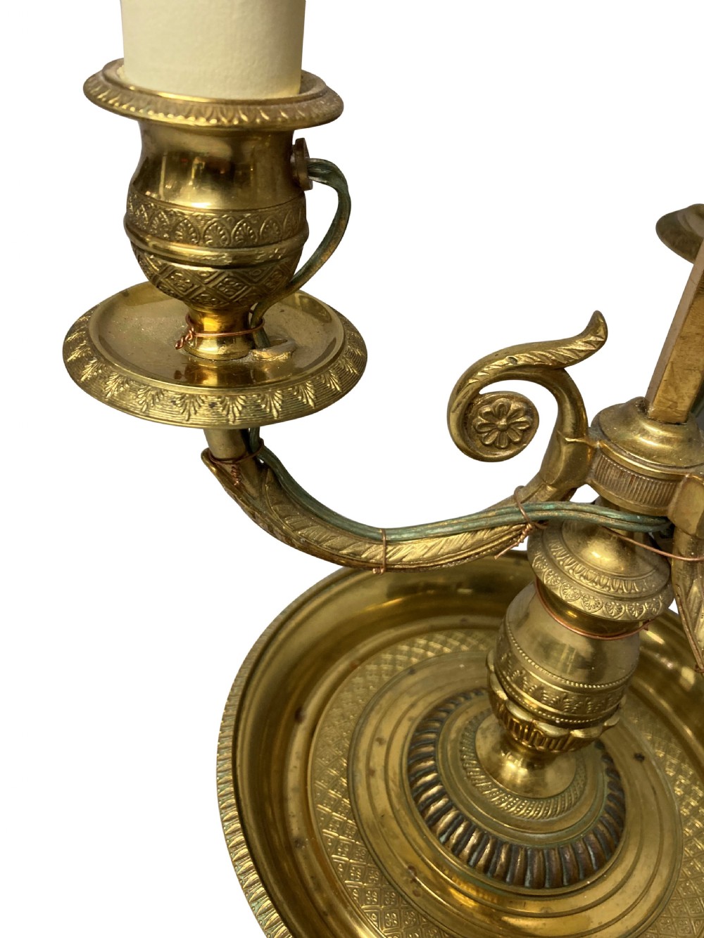 A French gilt brass bouillotte lamp with three candle-style light sockets and a dark green painted metal shade mounted on a central stem with an arrow key motif. View V