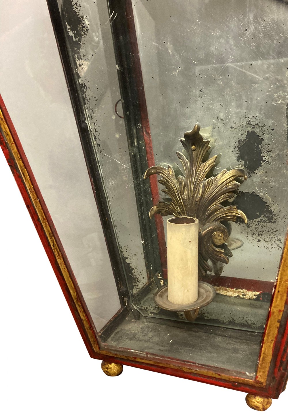 A pair of Regency style wall lanterns finished in scarlet red japanning with hand-painted gold chinoiserie motifs and pagoda tops. View III