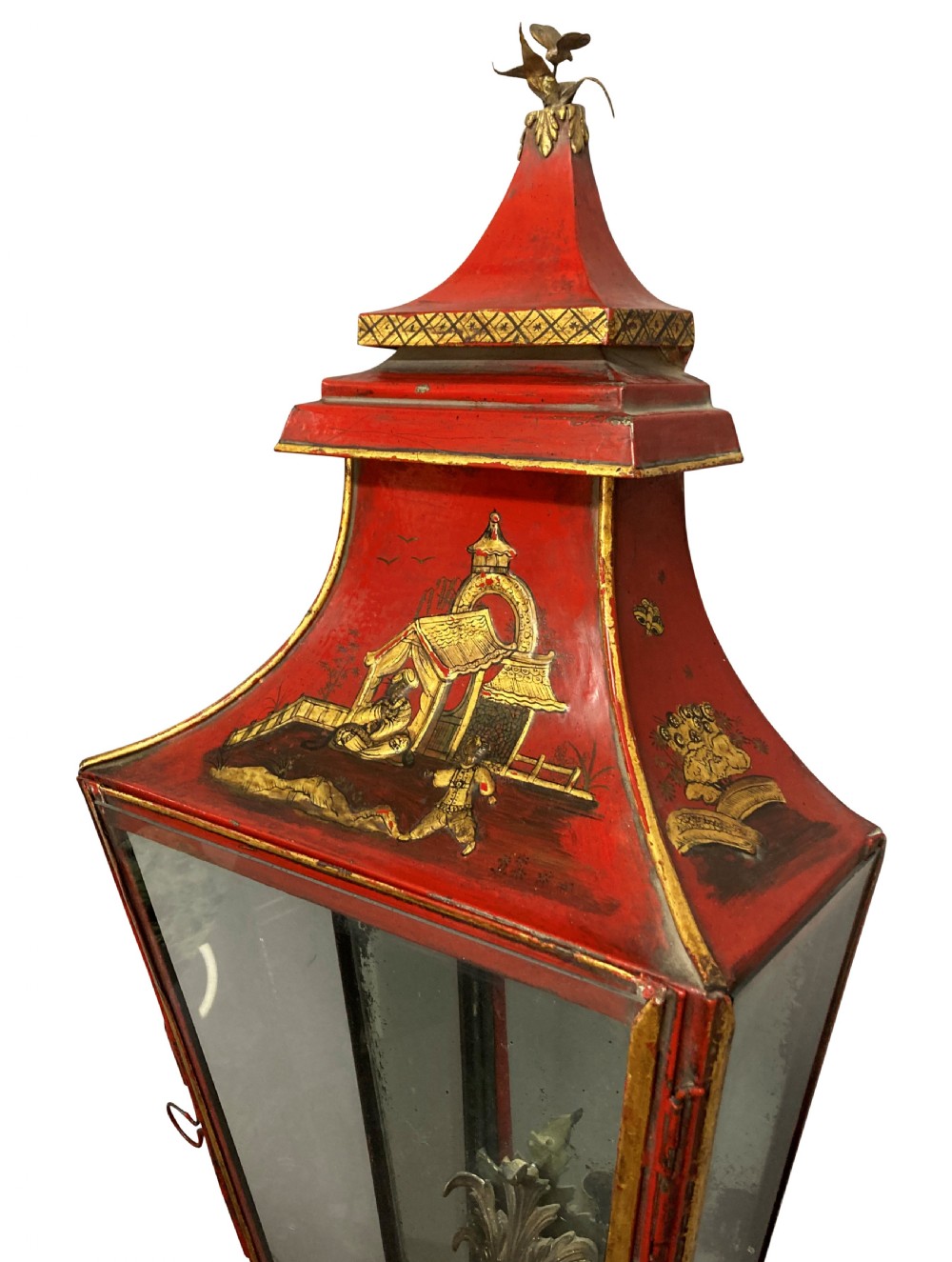 A pair of Regency style wall lanterns finished in scarlet red japanning with hand-painted gold chinoiserie motifs and pagoda tops. View IV