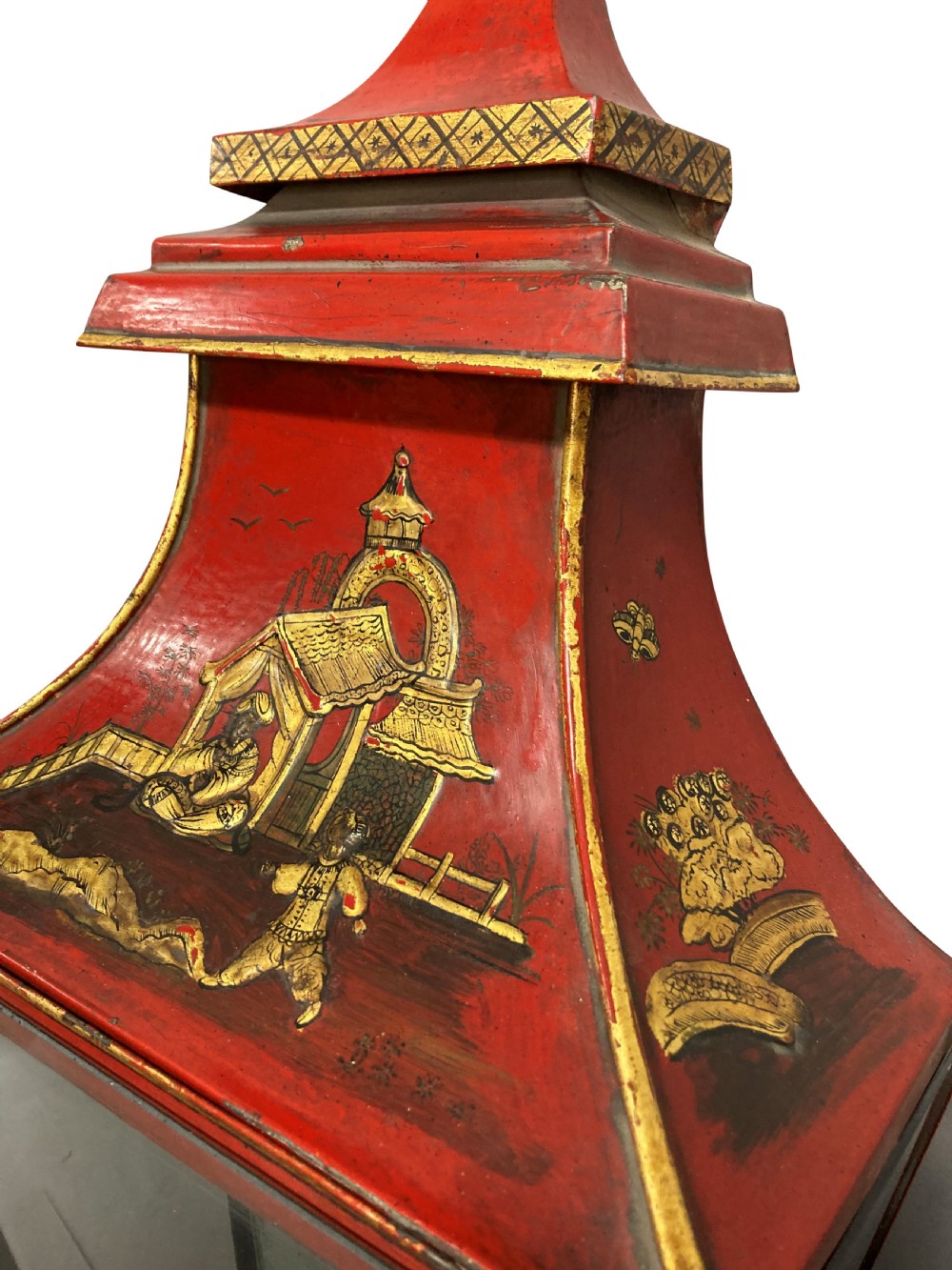 A pair of Regency style wall lanterns finished in scarlet red japanning with hand-painted gold chinoiserie motifs and pagoda tops. View V