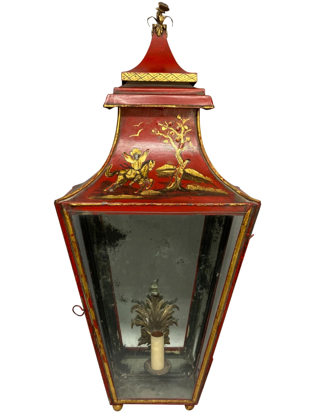 A pair of Regency style wall lanterns finished in scarlet red japanning with hand-painted gold chinoiserie motifs and pagoda tops. View VI
