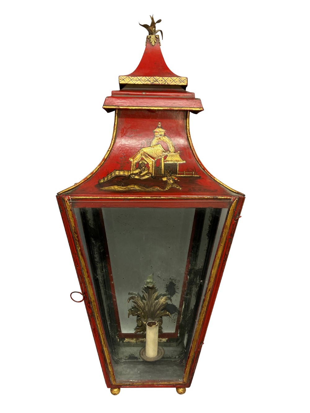 A pair of Regency style wall lanterns finished in scarlet red japanning with hand-painted gold chinoiserie motifs and pagoda tops. View VIII