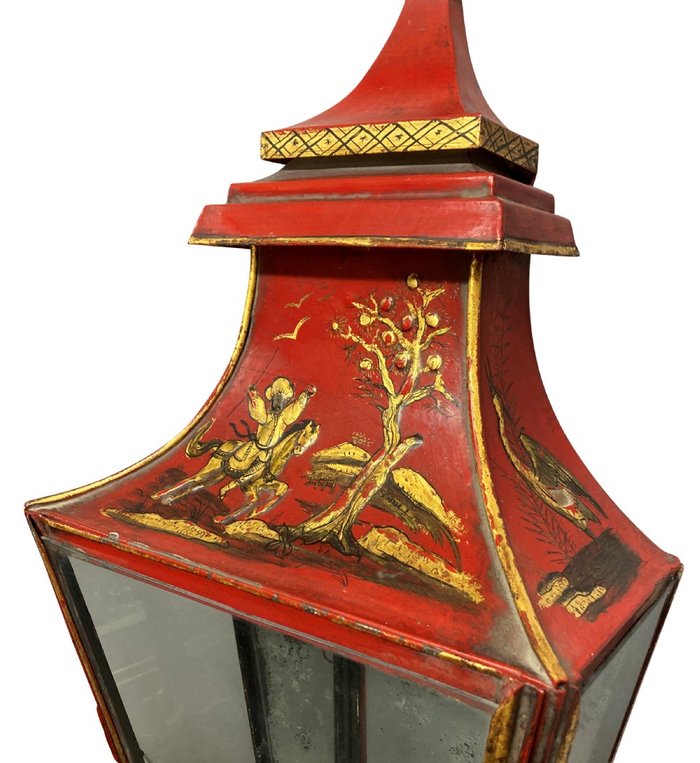 A pair of Regency style wall lanterns finished in scarlet red japanning with hand-painted gold chinoiserie motifs and pagoda tops. View IX
