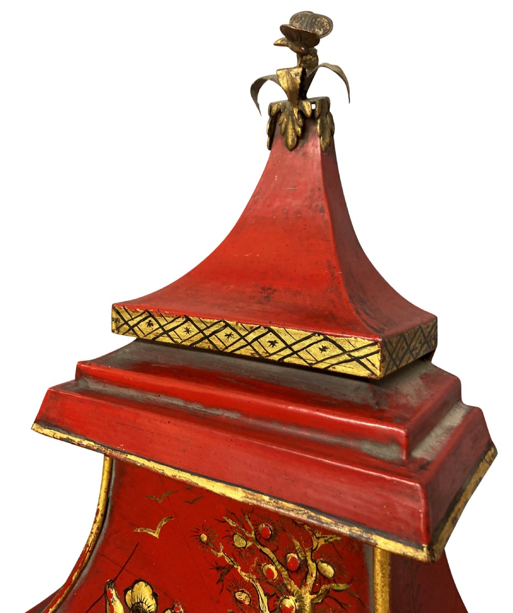 A pair of Regency style wall lanterns finished in scarlet red japanning with hand-painted gold chinoiserie motifs and pagoda tops. View X