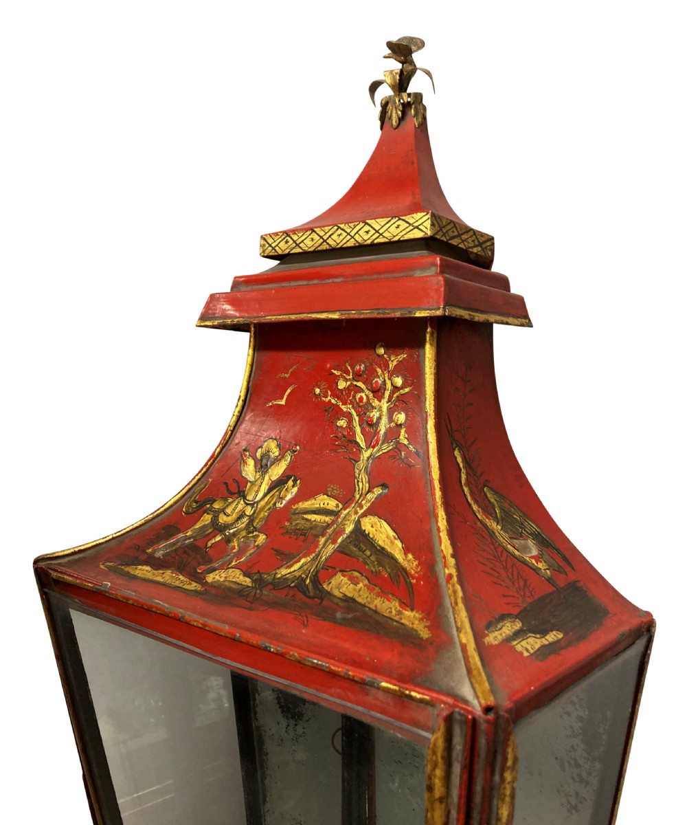A pair of Regency style wall lanterns finished in scarlet red japanning with hand-painted gold chinoiserie motifs and pagoda tops. View XI