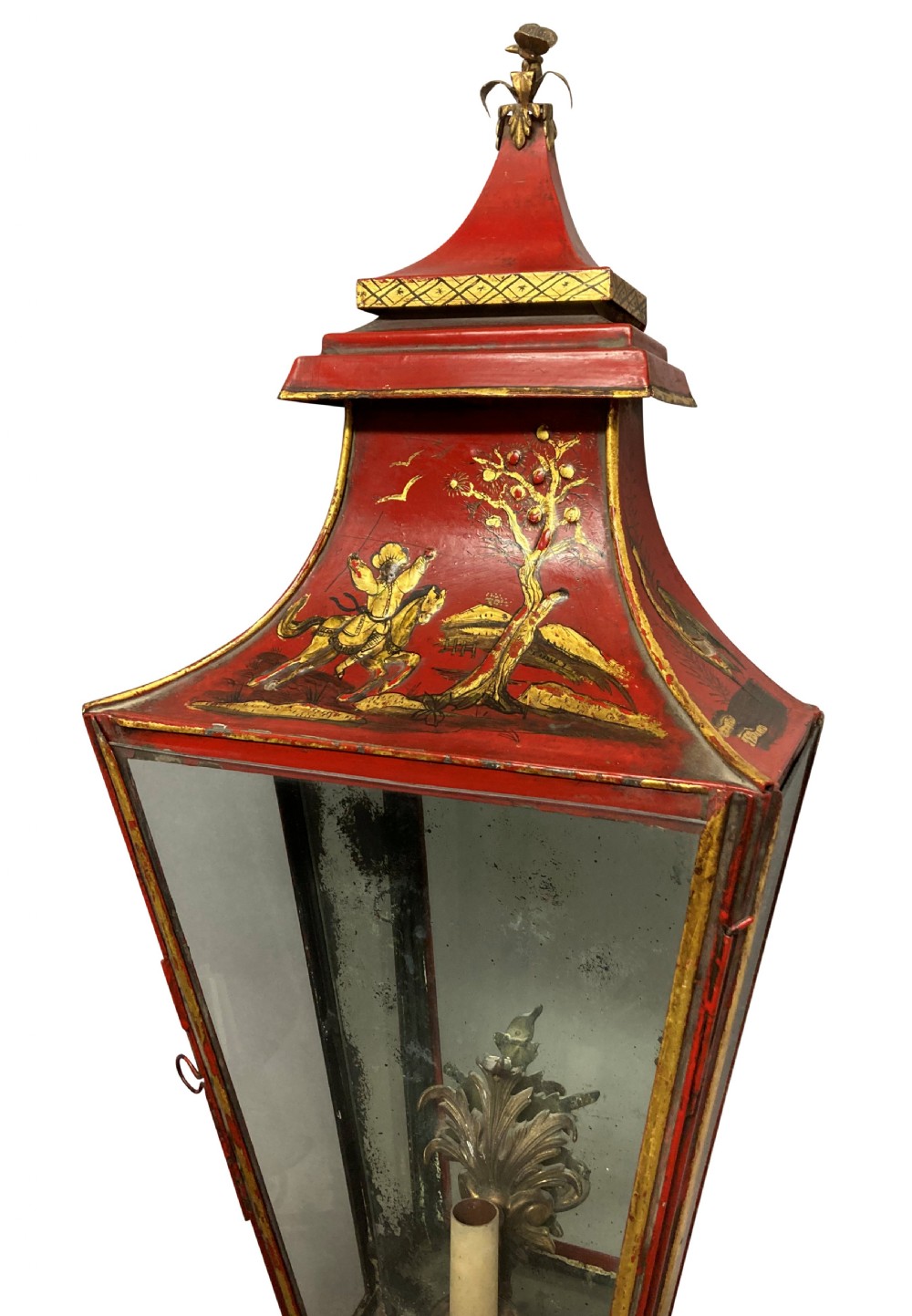 A pair of Regency style wall lanterns finished in scarlet red japanning with hand-painted gold chinoiserie motifs and pagoda tops. View XII