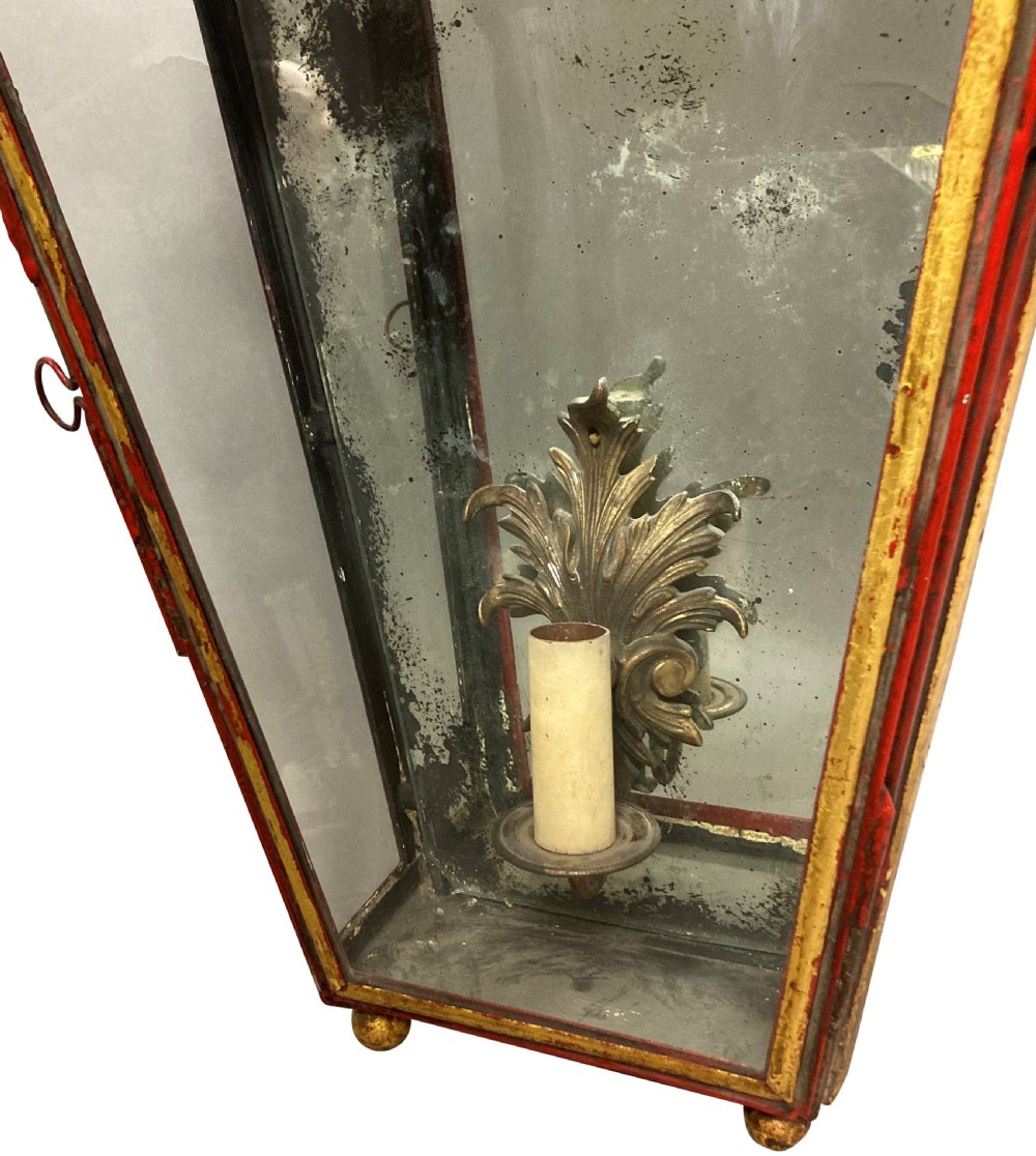 A pair of Regency style wall lanterns finished in scarlet red japanning with hand-painted gold chinoiserie motifs and pagoda tops. View XIII