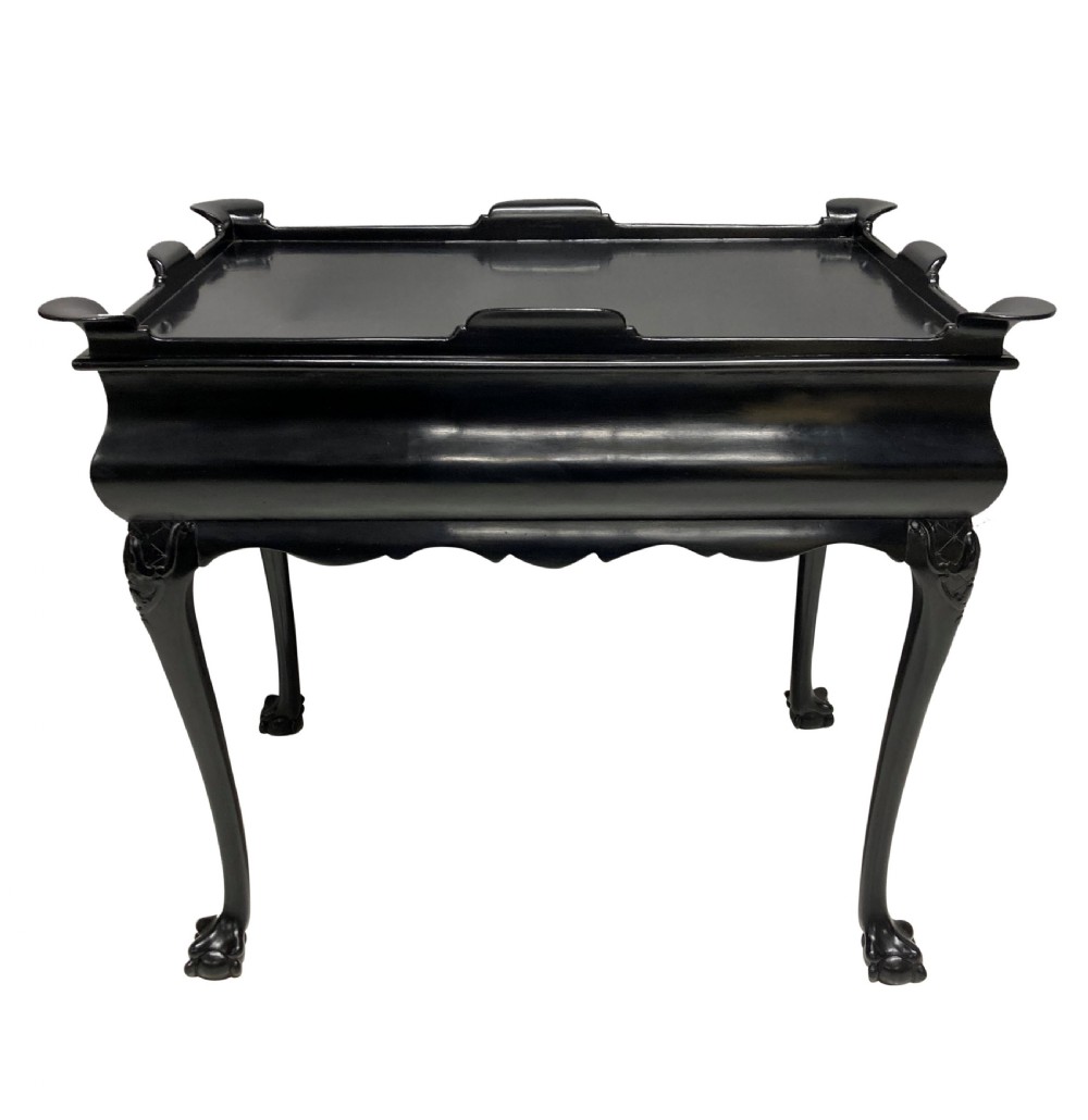 A black lacquered walnut silver table featuring a raised gallery top, a single drawer with brass handles, and cabriole legs with claw and ball feet. View III