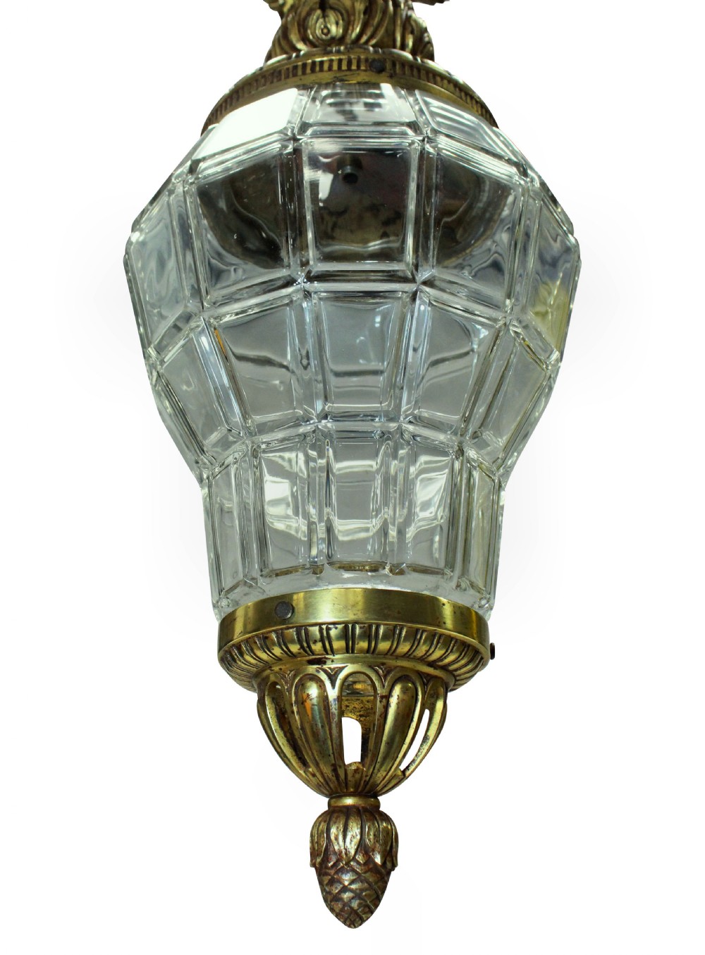 A French style gilt bronze and faceted clear glass hanging pendant lantern featuring leaf mounts and a crown canopy. View II