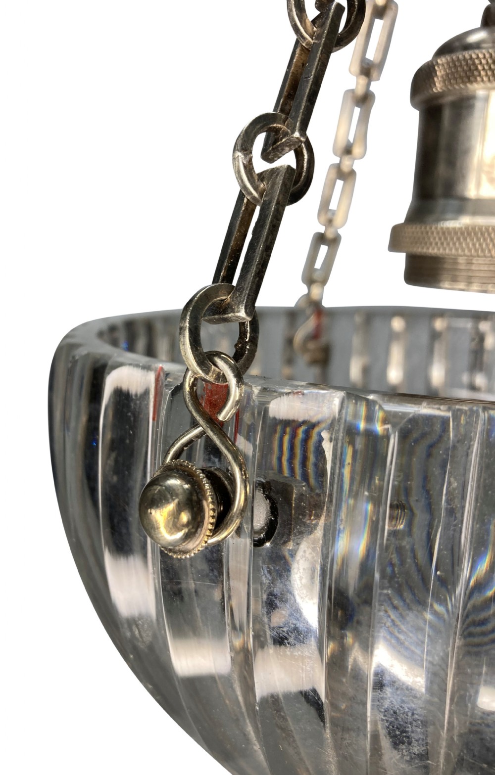 An Edwardian pendant light featuring a fluted clear cut glass bowl suspended by three silver-plated chains from a cast ceiling fitting. View II