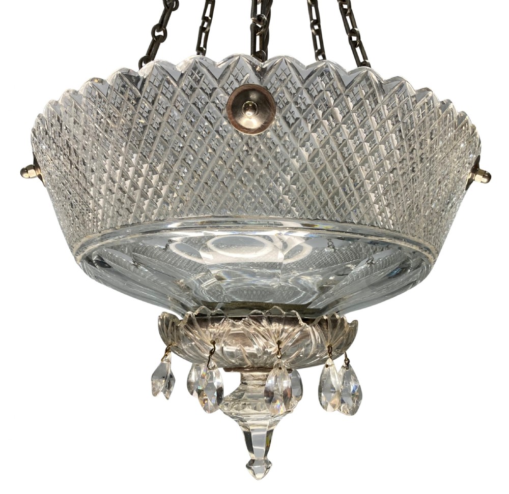 An Edwardian hanging dish light featuring diamond-cut clear glass suspended by metal chains with crystal drop prisms at the base. View III