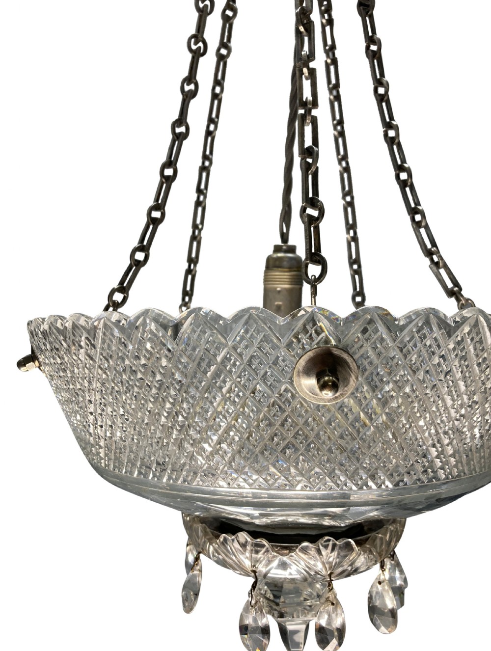 An Edwardian hanging dish light featuring diamond-cut clear glass suspended by metal chains with crystal drop prisms at the base. View VI