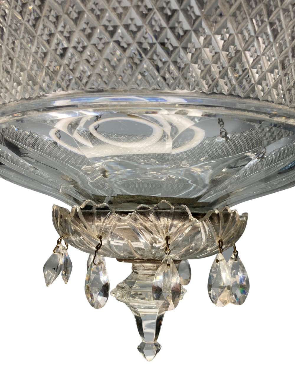An Edwardian hanging dish light featuring diamond-cut clear glass suspended by metal chains with crystal drop prisms at the base. View VII