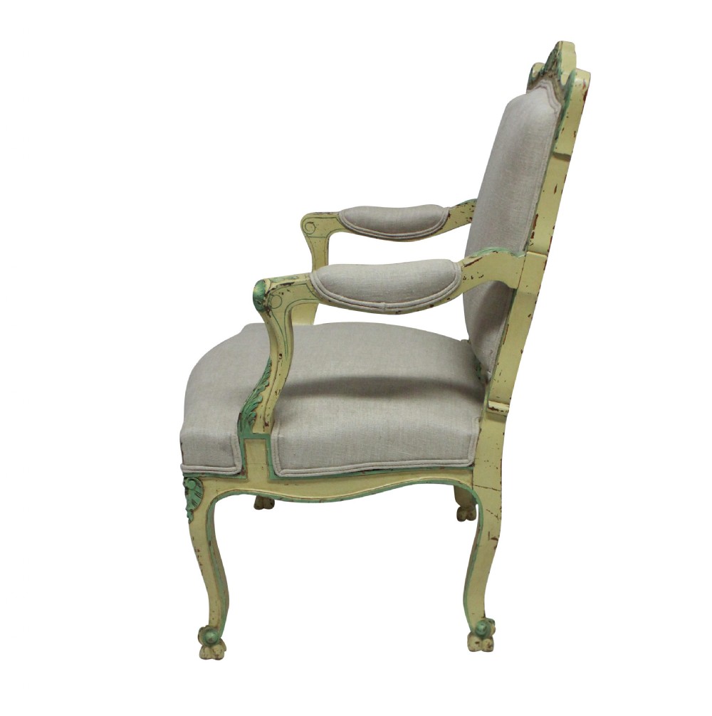 A pair of 1930s Louis XV style open armchairs with distressed cream and green painted wooden frames and neutral linen upholstery. View IV
