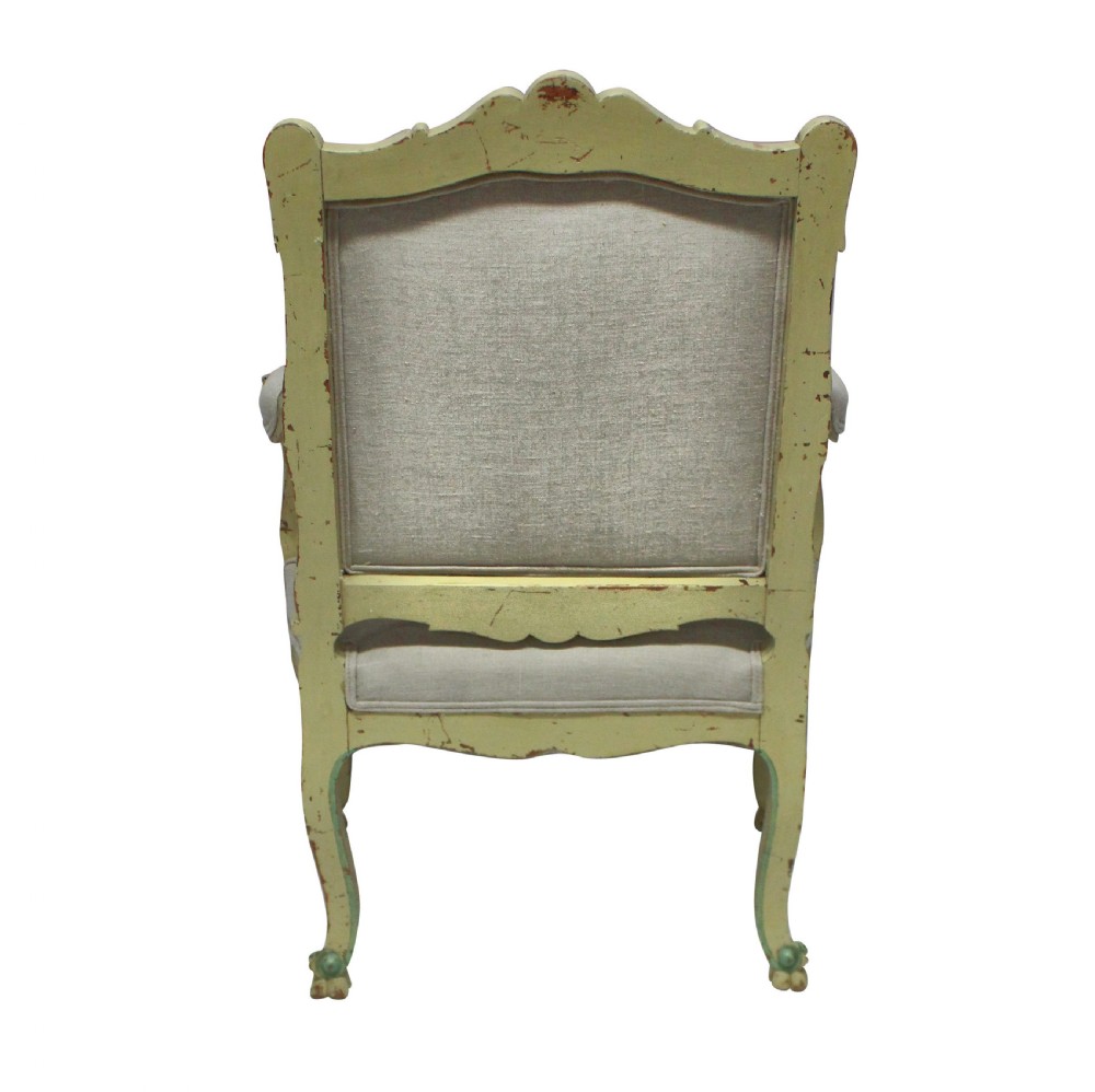 A pair of 1930s Louis XV style open armchairs with distressed cream and green painted wooden frames and neutral linen upholstery. View V