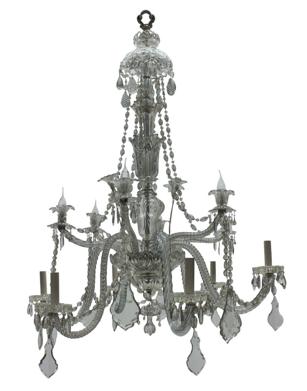 A large French twelve-arm clear cut-crystal chandelier featuring twisted glass arms, cascading crystal drops, and candle-style bulb holders. View II