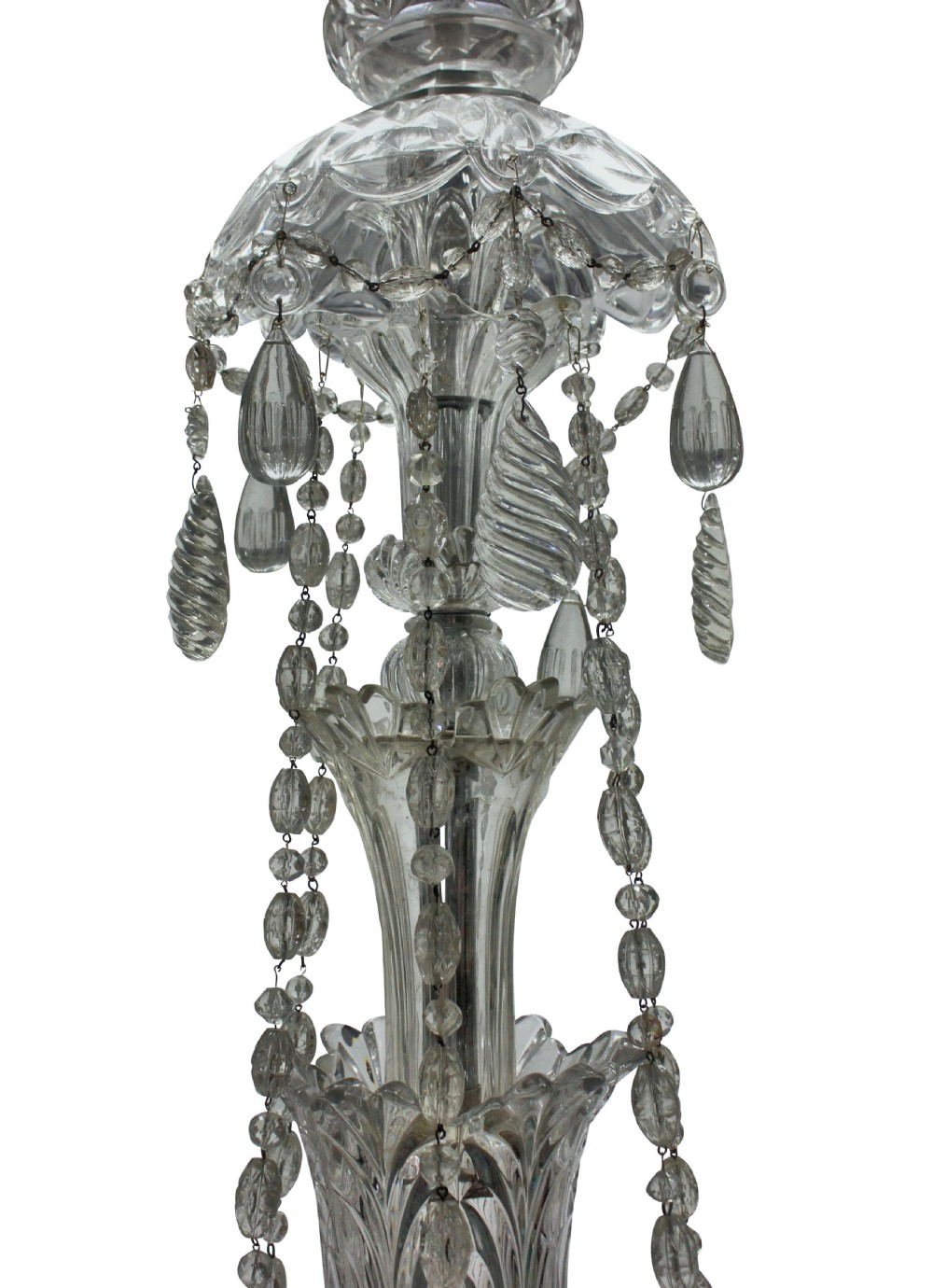 A large French twelve-arm clear cut-crystal chandelier featuring twisted glass arms, cascading crystal drops, and candle-style bulb holders. View VIII
