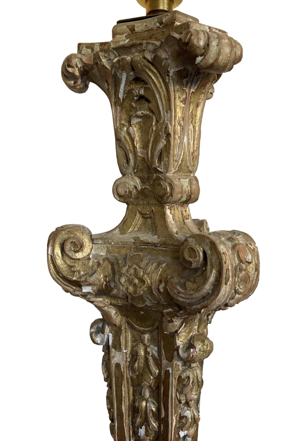 A tall English Baroque style carved giltwood table lamp base featuring elaborate scrollwork and a brass electrical socket. View III