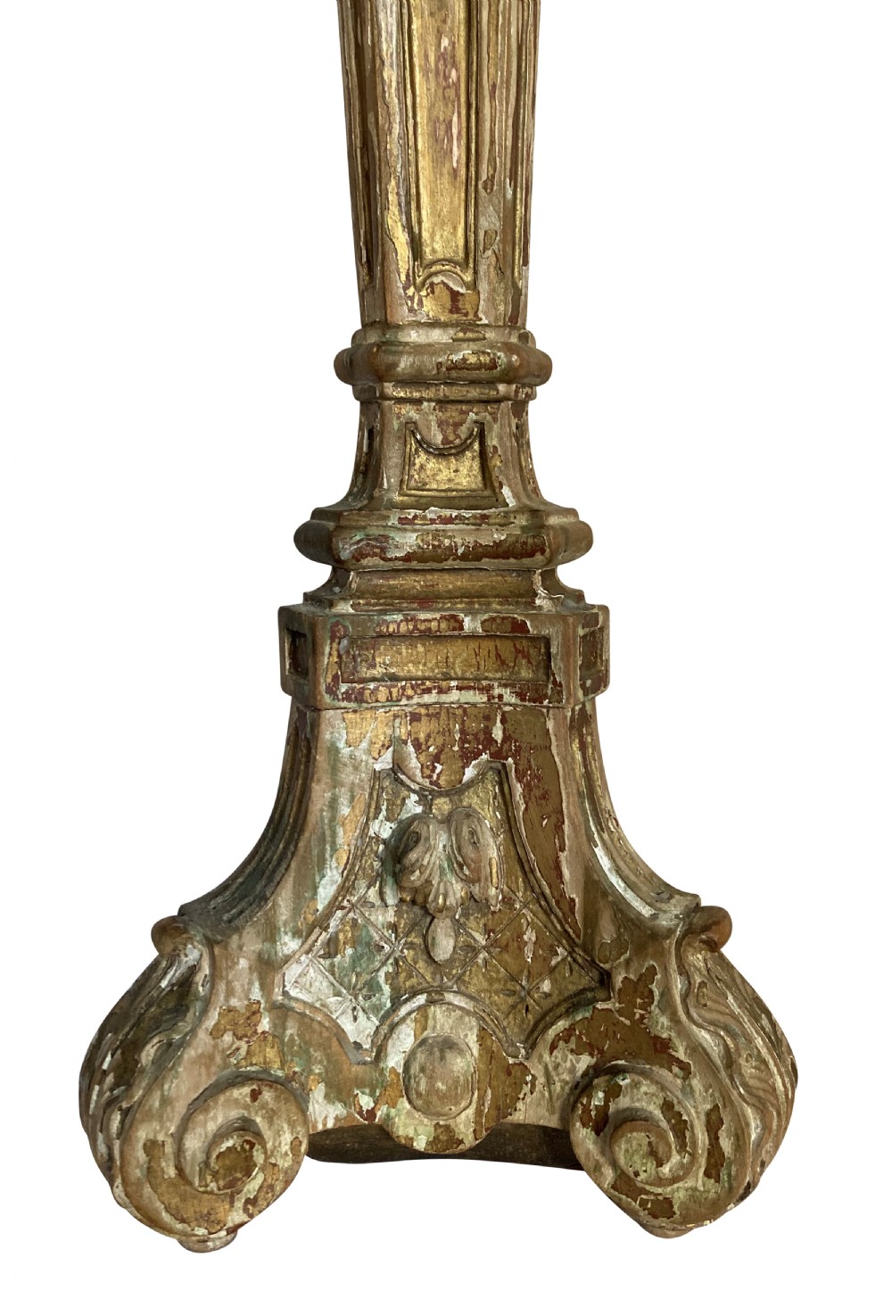 A tall English Baroque style carved giltwood table lamp base featuring elaborate scrollwork and a brass electrical socket. View IV