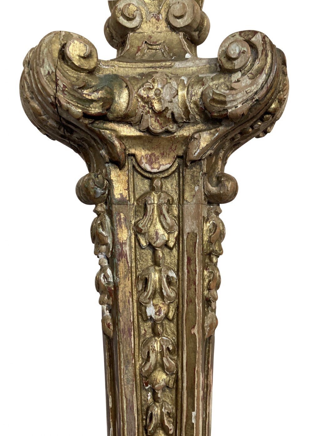 A tall English Baroque style carved giltwood table lamp base featuring elaborate scrollwork and a brass electrical socket. View V