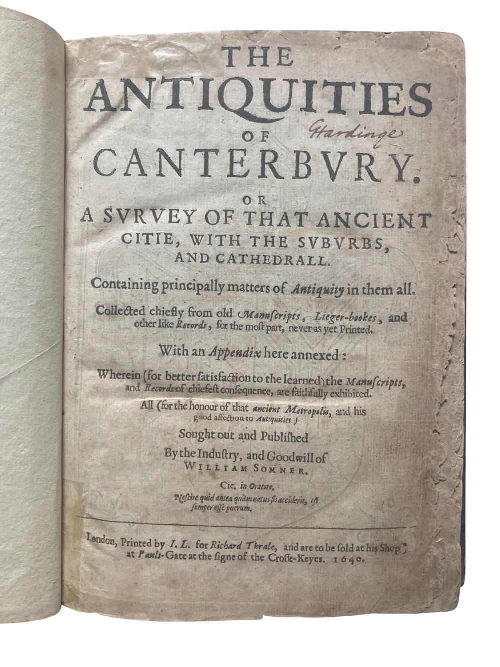An open 17th-century printed book title page displaying black letterpress typography on cream rag paper titled The Antiquities of Canterbury by William Somner, dated 1640.