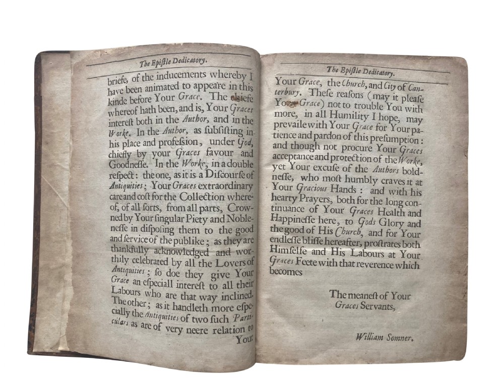 An open 17th-century printed book title page displaying black letterpress typography on cream rag paper titled The Antiquities of Canterbury by William Somner, dated 1640. View III