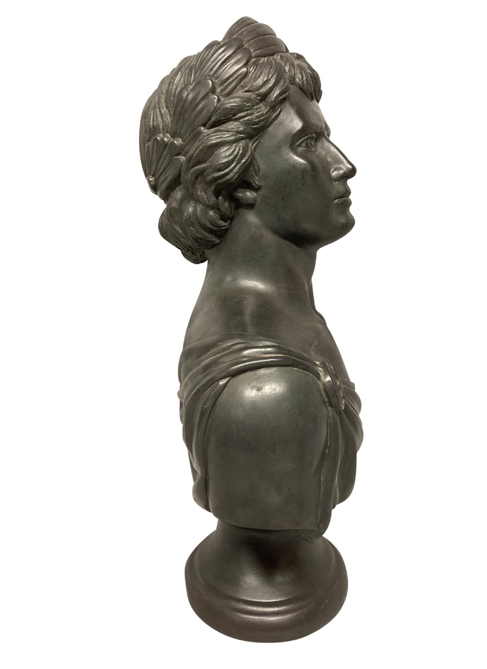 A dark bronzed plaster library bust depicting the Emperor Augustus draped in Roman robes and mounted on a rounded socle base. View III