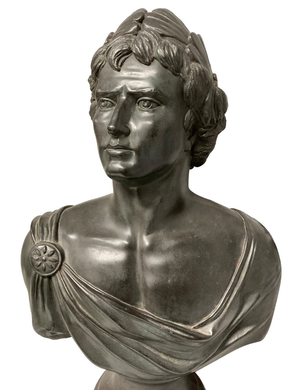 A dark bronzed plaster library bust depicting the Emperor Augustus draped in Roman robes and mounted on a rounded socle base. View V