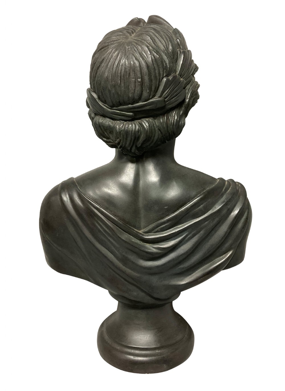 A dark bronzed plaster library bust depicting the Emperor Augustus draped in Roman robes and mounted on a rounded socle base. View VI