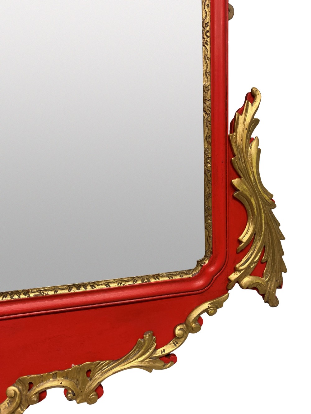 A George II style horizontal wall mirror featuring a scarlet red lacquered frame adorned with intricate giltwood rococo scrollwork and a central eagle crest. View III