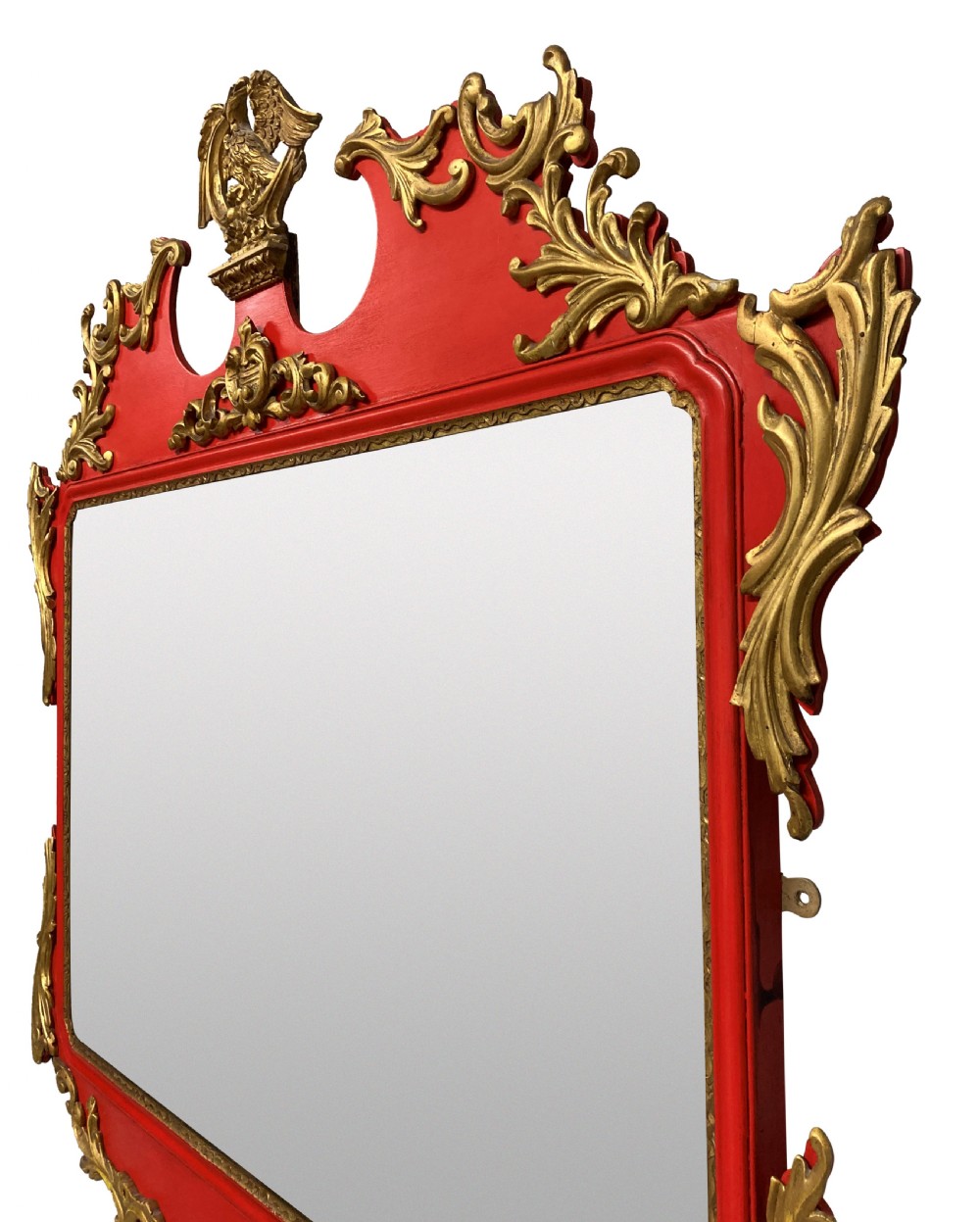 A George II style horizontal wall mirror featuring a scarlet red lacquered frame adorned with intricate giltwood rococo scrollwork and a central eagle crest. View V