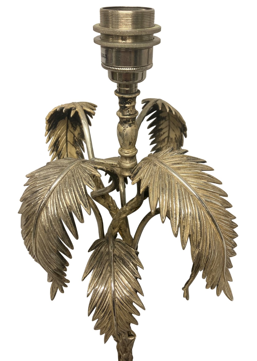 A silver-plated table lamp featuring a sculpted palm tree stem above a camel and figure base. View III