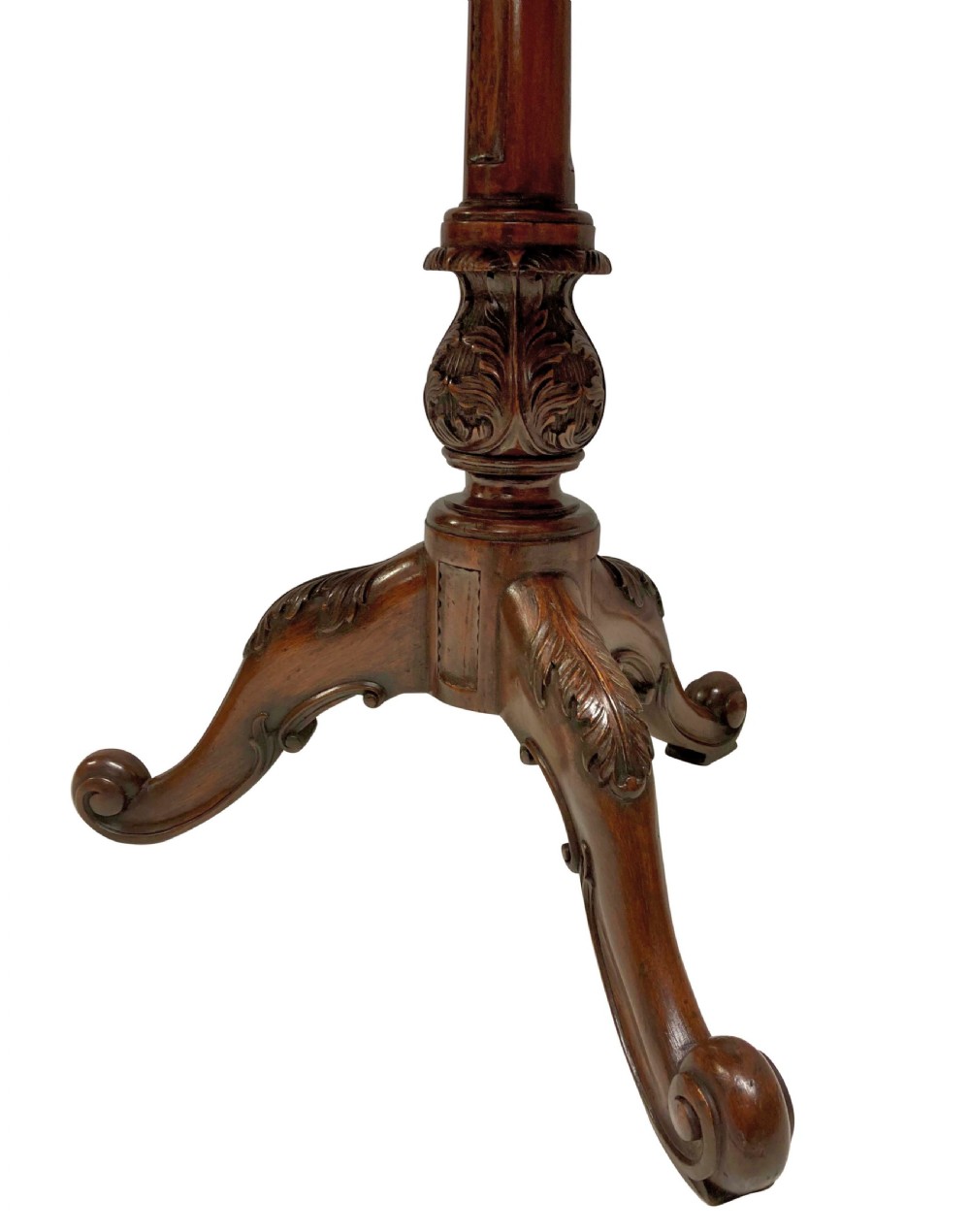 A pair of mahogany wine tables with square pierced fretwork galleries, carved central pedestals, and carved tripod cabriole legs. View VII