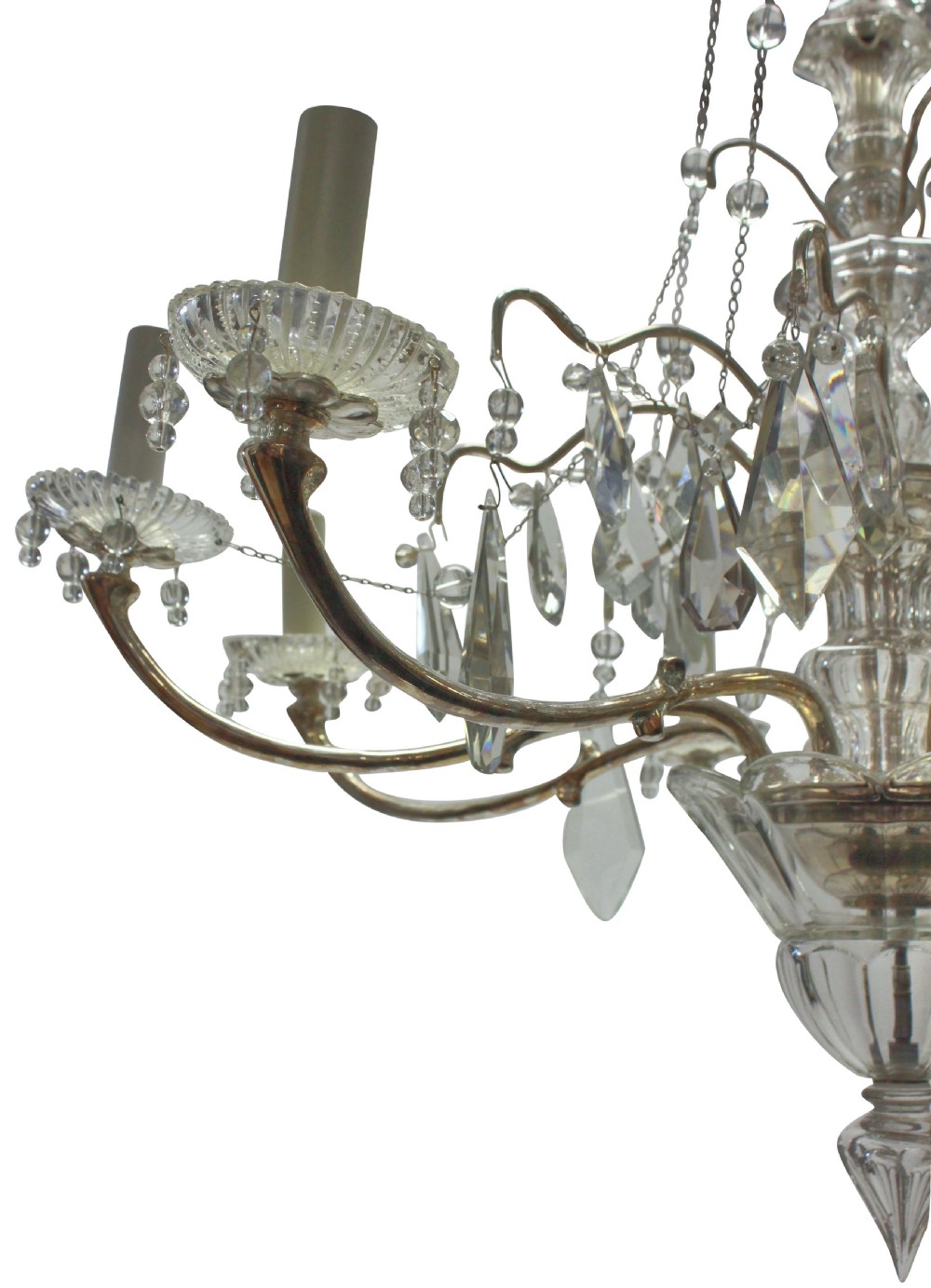 A multi-arm cut glass chandelier featuring clear crystal drop pendants, drip pans, and silvered metal framework with candle-style lamp sockets. View III
