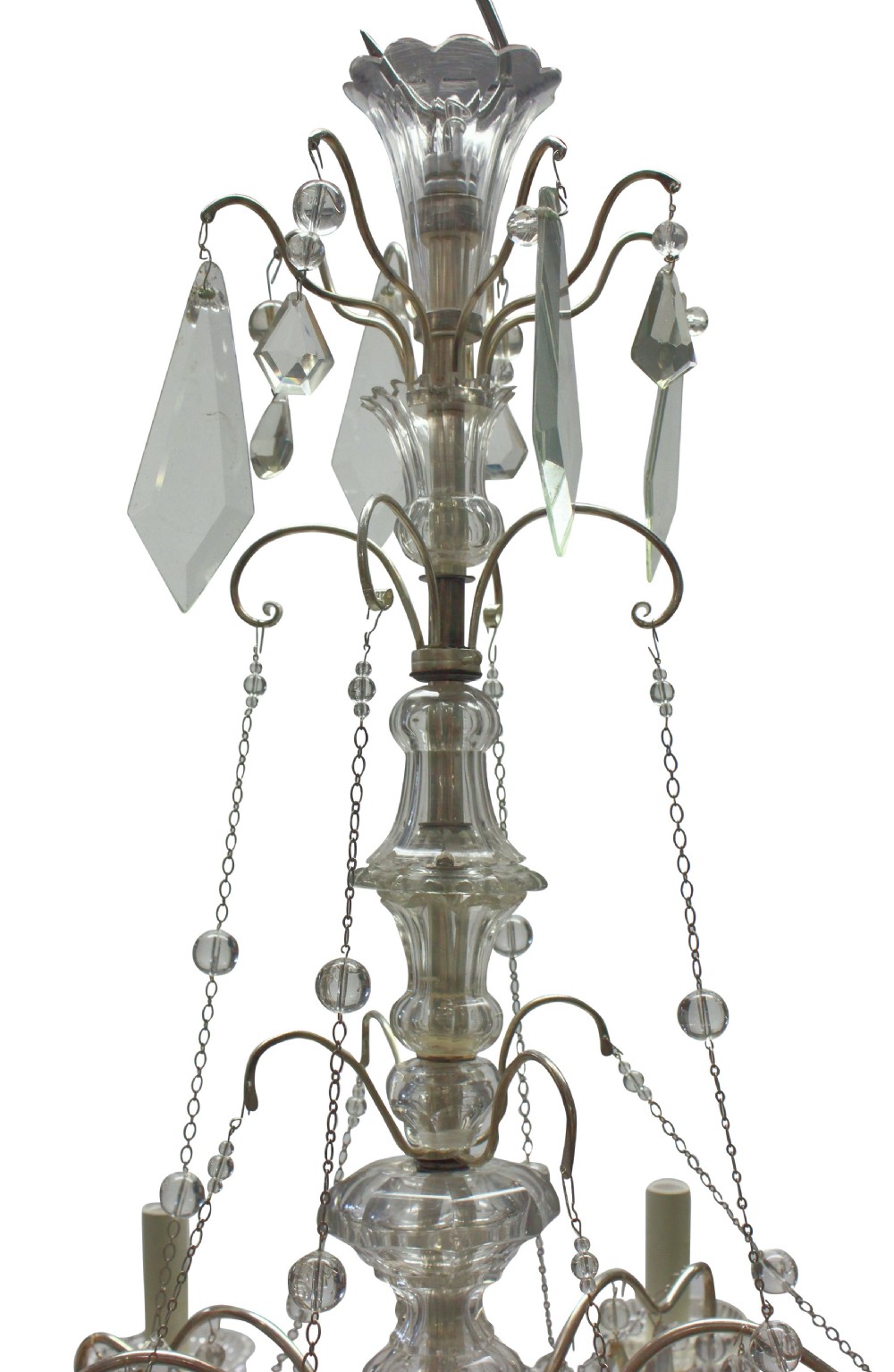 A multi-arm cut glass chandelier featuring clear crystal drop pendants, drip pans, and silvered metal framework with candle-style lamp sockets. View IV