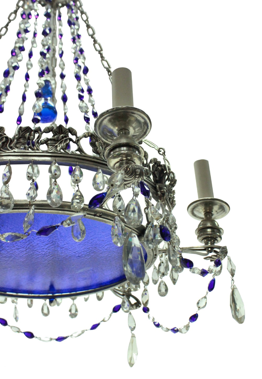 A 19th-century silver-plated circular chandelier featuring clear and cobalt blue cut glass drops, candle sleeves, and a central cobalt glass insert suspended by chains. View II