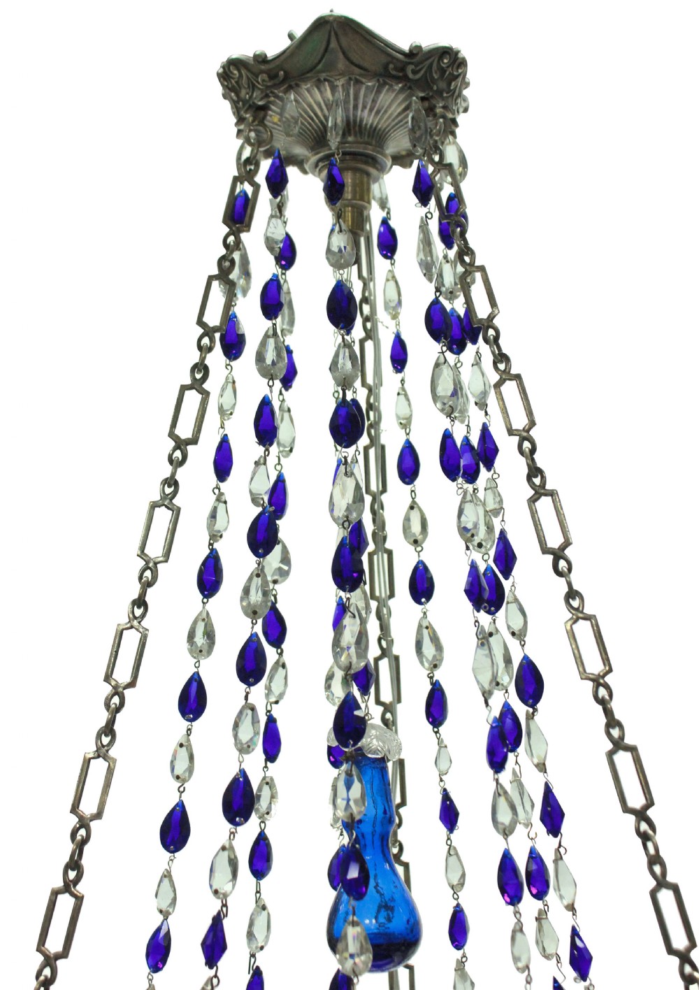 A 19th-century silver-plated circular chandelier featuring clear and cobalt blue cut glass drops, candle sleeves, and a central cobalt glass insert suspended by chains. View III