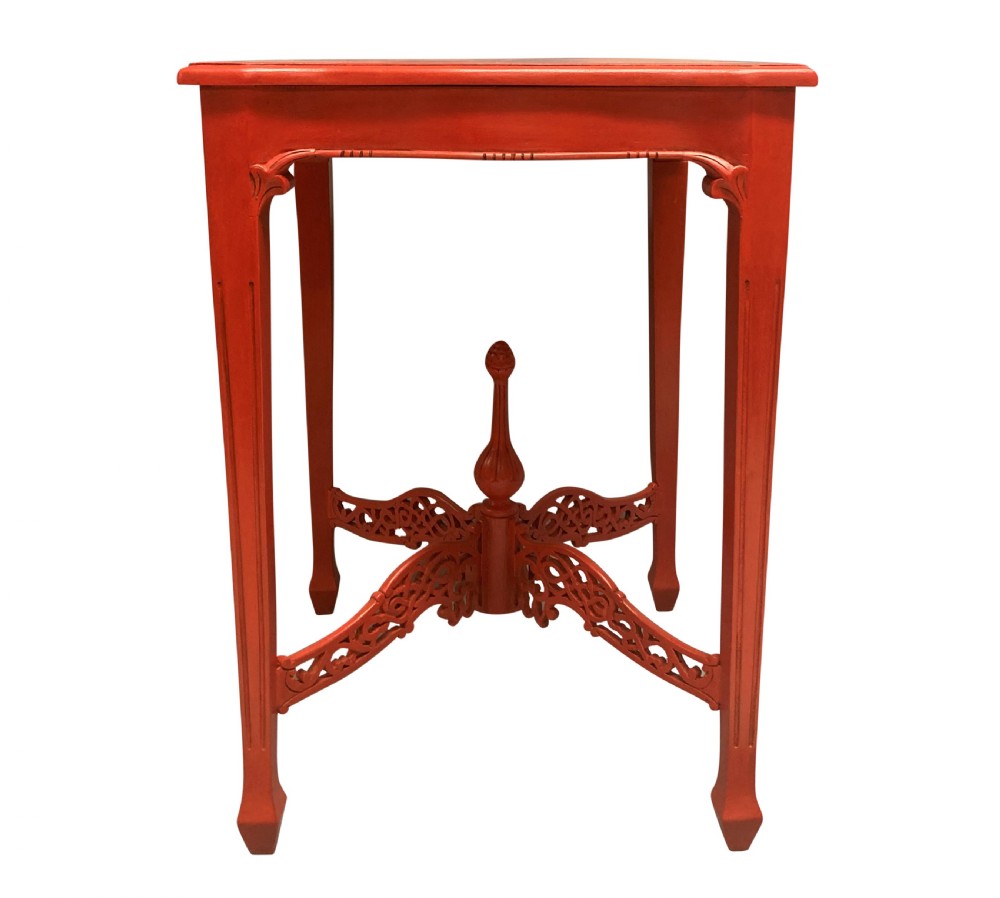 A pair of scarlet red square side tables featuring serpentine tops, carved corner brackets, and intricate pierced X-stretchers with central finials. View II