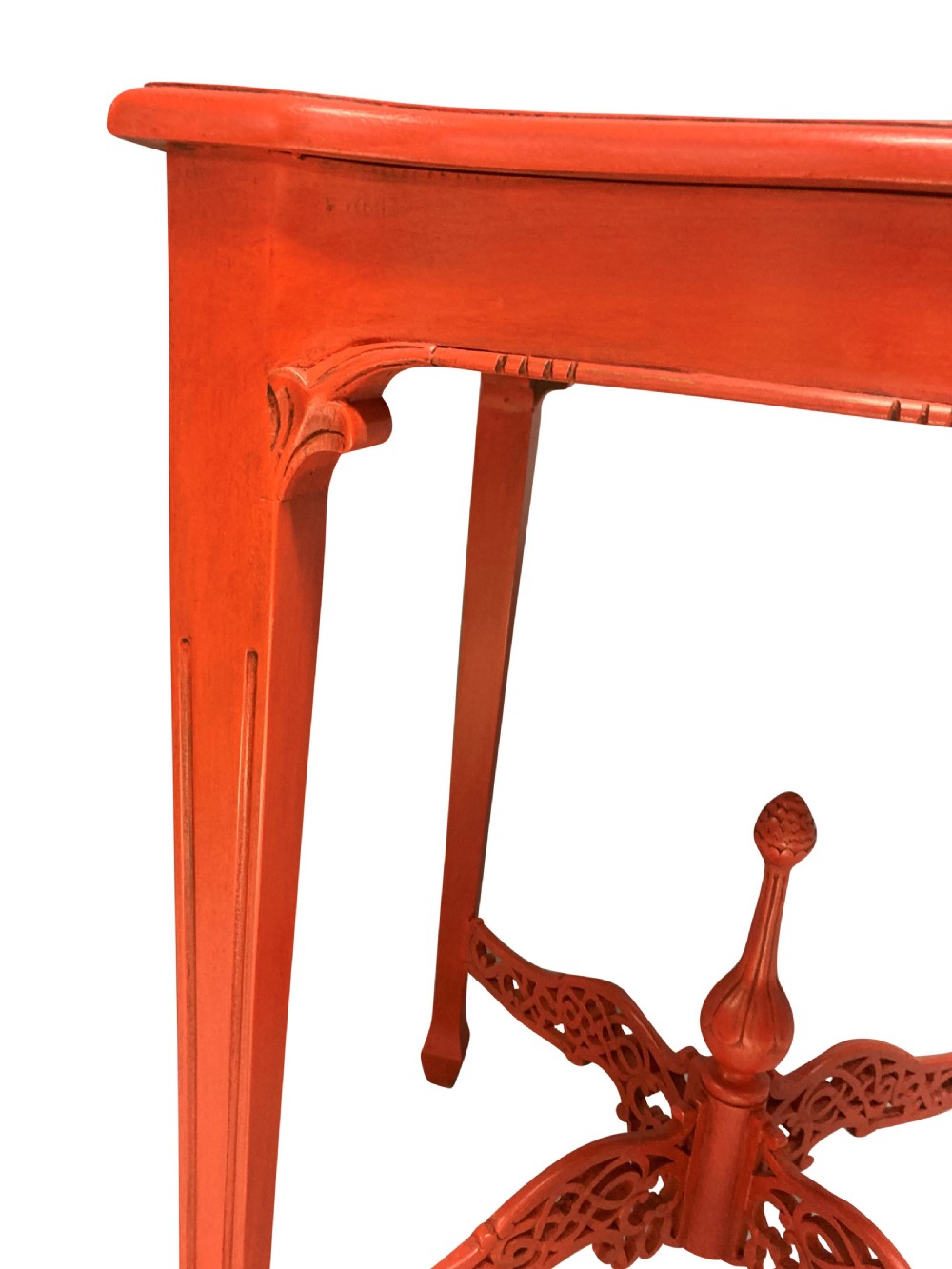 A pair of scarlet red square side tables featuring serpentine tops, carved corner brackets, and intricate pierced X-stretchers with central finials. View III