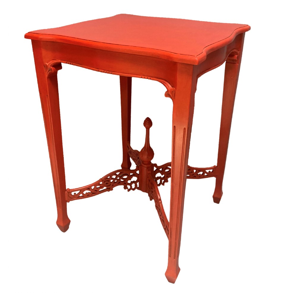 A pair of scarlet red square side tables featuring serpentine tops, carved corner brackets, and intricate pierced X-stretchers with central finials. View IV