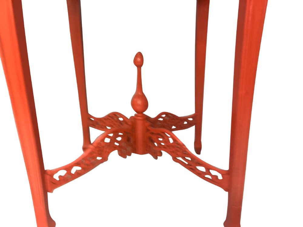 A pair of scarlet red square side tables featuring serpentine tops, carved corner brackets, and intricate pierced X-stretchers with central finials. View VIII